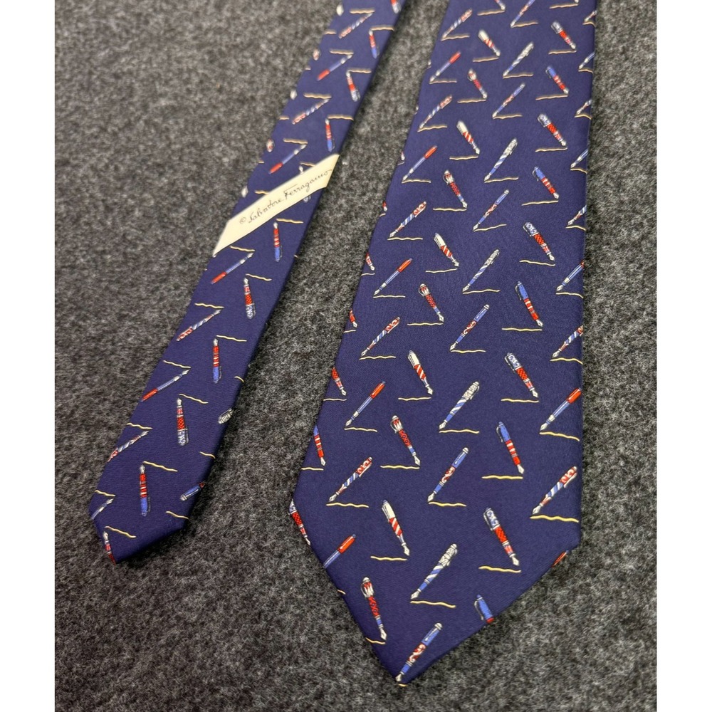 Salvatore Ferragamo Fountain Pen Tie Writer Author Navy Blue 100% Silk Italy